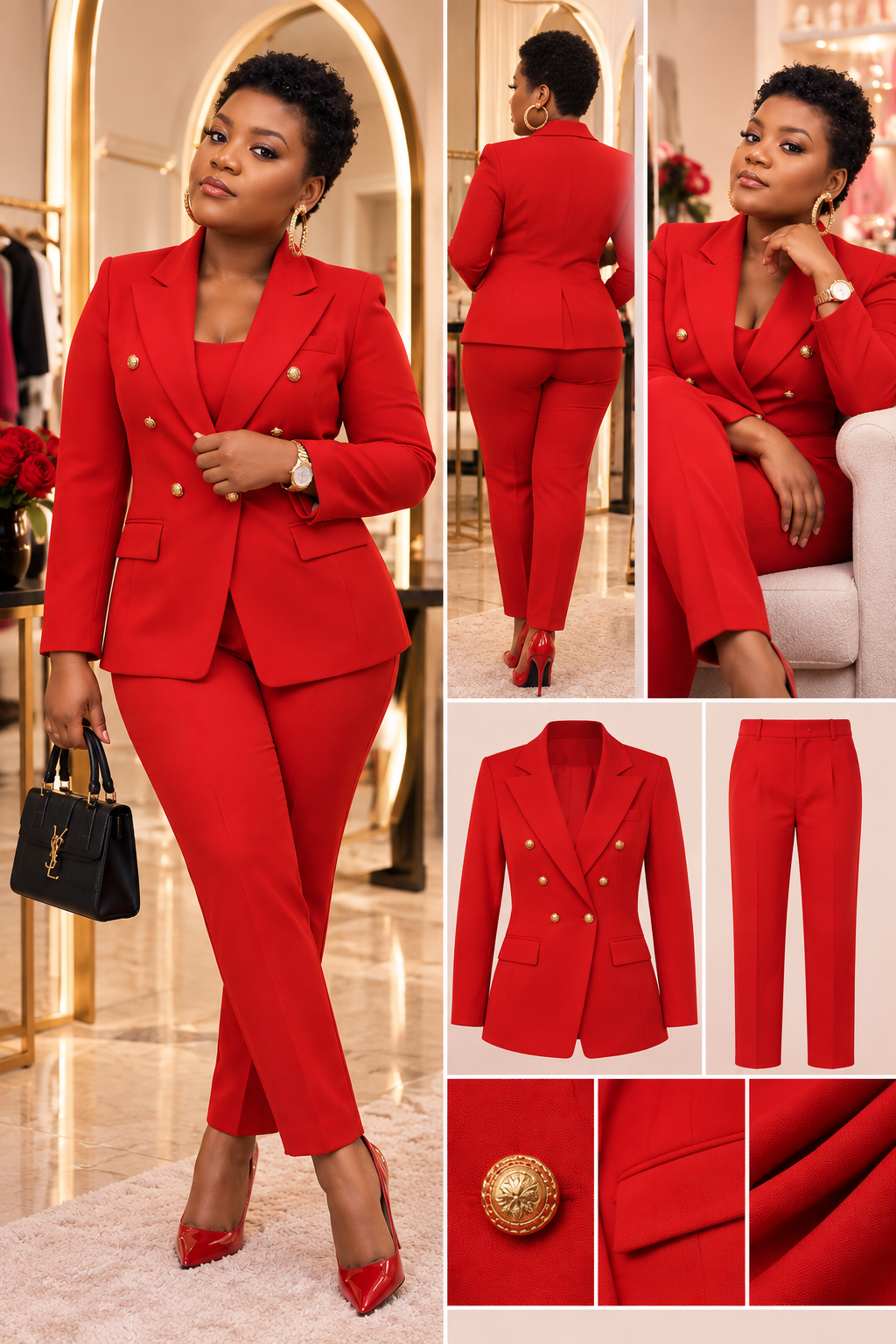 Women’s Double-Breasted Blazer & Pants Set – Elegant Two-Piece Suit