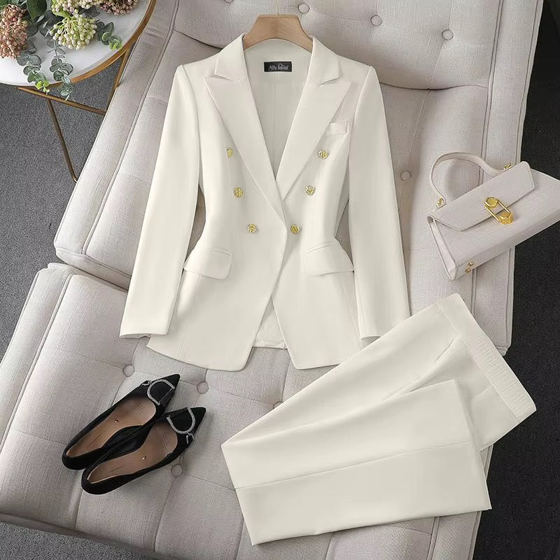 Women’s Double-Breasted Blazer & Pants Set – Elegant Two-Piece Suit