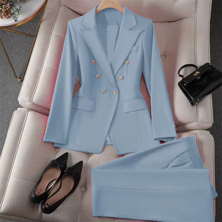 Women’s Double-Breasted Blazer & Pants Set – Elegant Two-Piece Suit