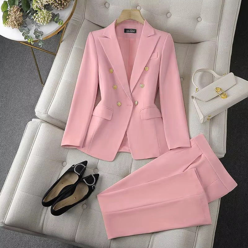 Women’s Double-Breasted Blazer & Pants Set – Elegant Two-Piece Suit