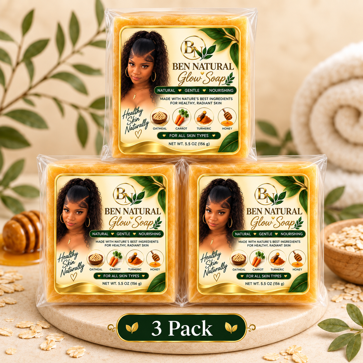Ben Natural Glow Soap – Oatmeal, Carrot, Turmeric & Honey | 1–12 Pack