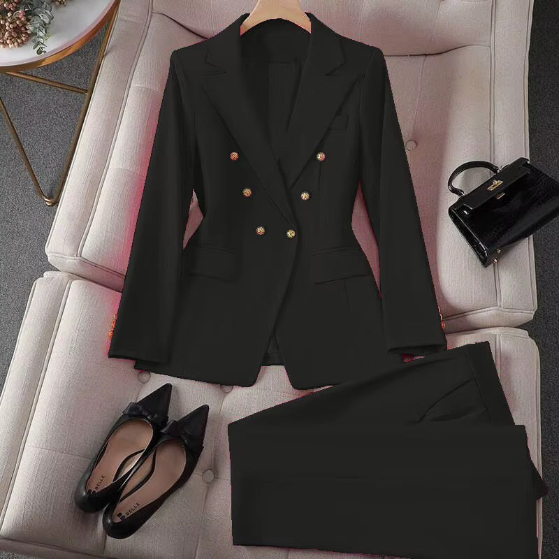 Women’s Double-Breasted Blazer & Pants Set – Elegant Two-Piece Suit